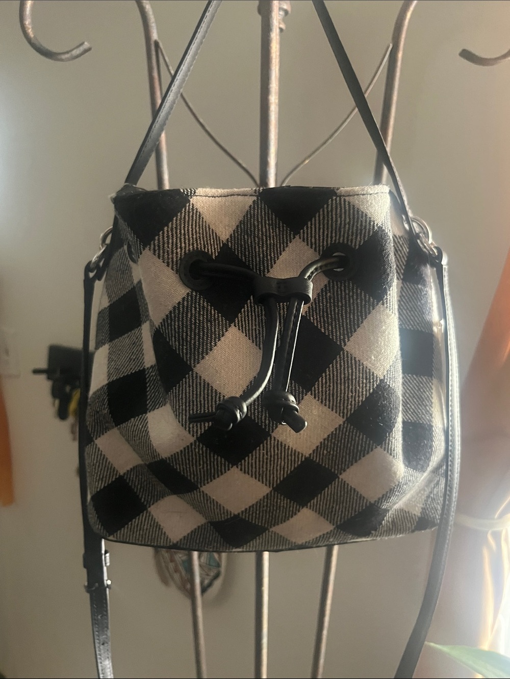 Talbots Gingham Black & white Plaid Drawstring Bucket Bag - Women $149 retail